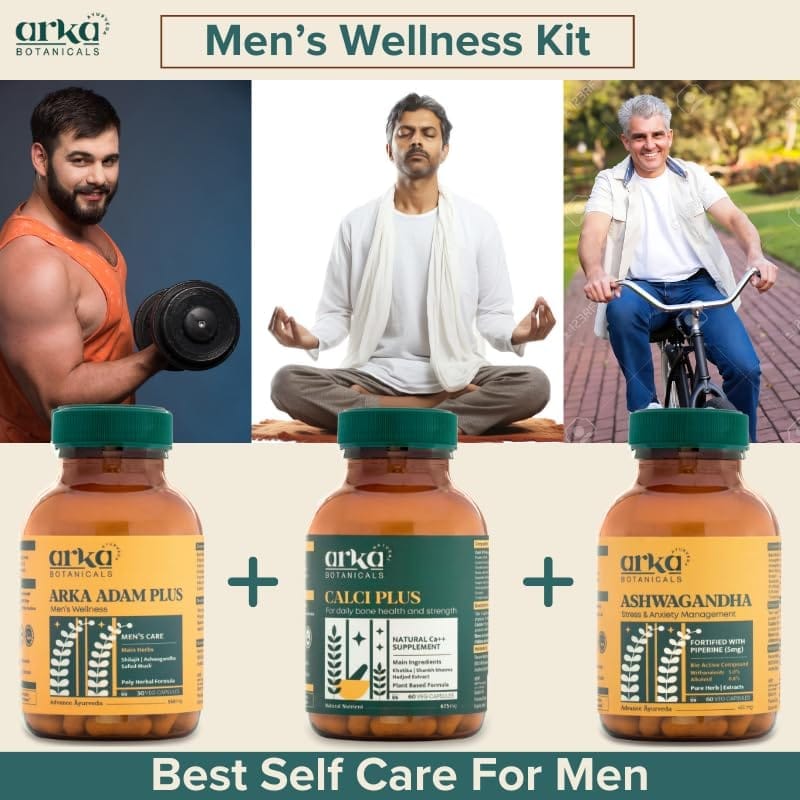 Arka Botanicals Men's Wellness Kit | Ashwagandha for Stress Support, Calci Plus for Bone Strength & Adam Plus for Hormonal Balance | Comprehensive Health Supplement Combo Pack for Men view 2