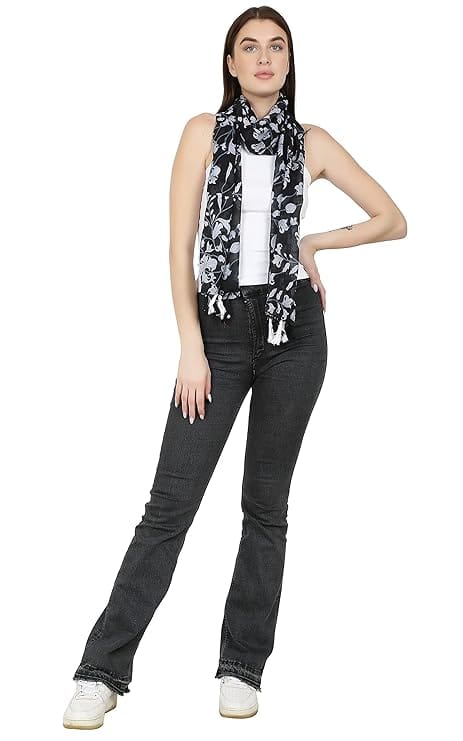 Women's Lightweight Floral Print Scarf with Tassels