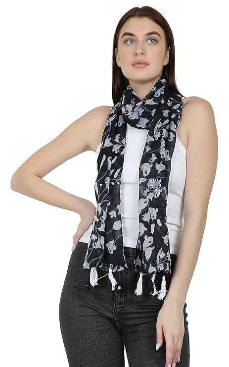 Women's Lightweight Floral Print Scarf with Tassels view 2