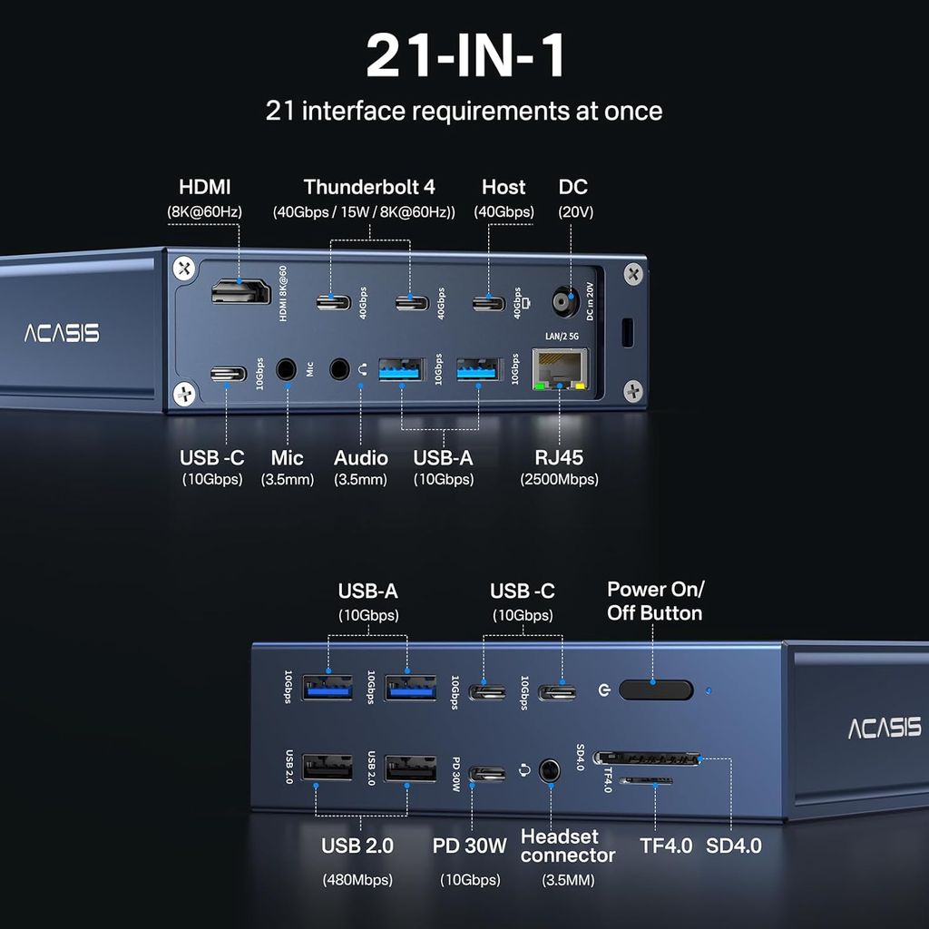 ACASIS Thunderbolt 4 Dock-21 Ports, Dual Monitor, 8K60Hz HDMI, 2.5 GbE, SD/TF4.0,10Gbps USB C/A 3.2 Gen2, 3.5mm, 40Gbps Dock for Mac M1/M2/M3 Pro/Max view 2