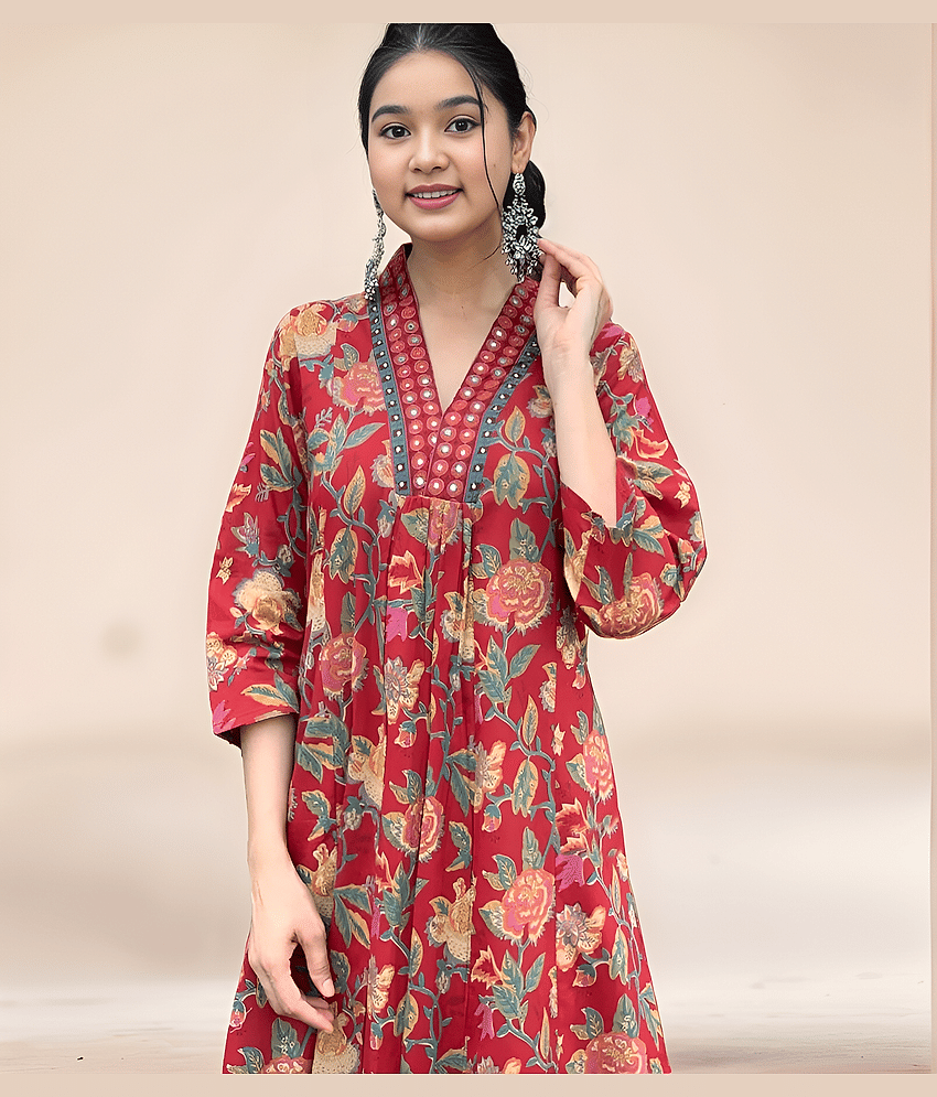 Aarya Designer Girls Cotton Blend Kurti with Pants ( Pack of 1 , Green ) view 2
