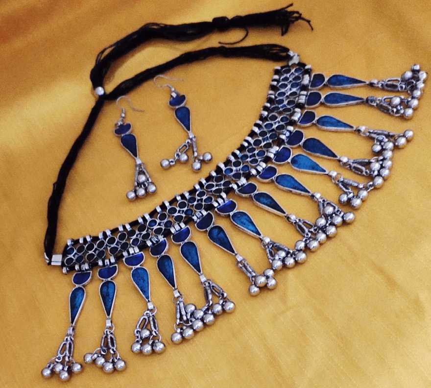 Cardinal Oxidized Silver Color Blue Minakari Choker Necklace Set view 2