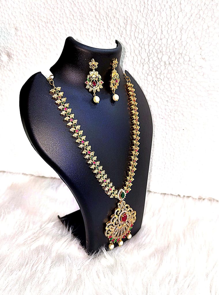 Gold-plated traditional haram necklace set with ruby and emerald stones view 2