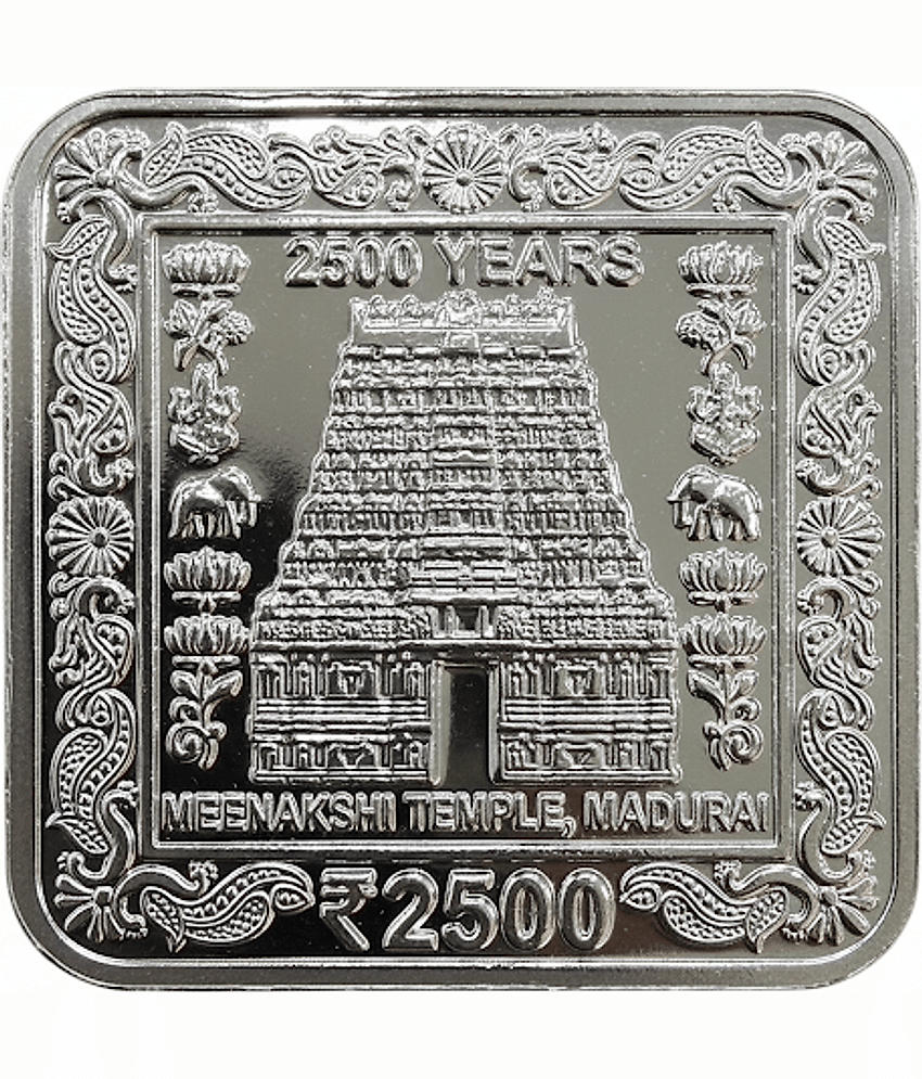 2500 Rupee Silver Plated Coin Bar – 100gm | Meenakshi Temple Madurai | 2500 Years Commemorative -Special Edition Showpiece Square Paper Weight