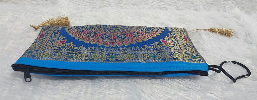 Elegant Royal Blue Brocade Ethnic Pouch with Zari Work & Tassels view 2