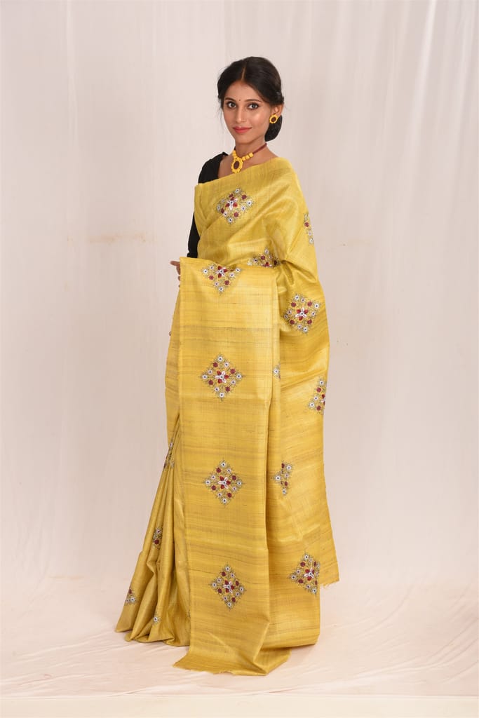 Jharcraft Reeled Tasar Gheecha Machine Embroidery Dyed saree (SA03141) view 2