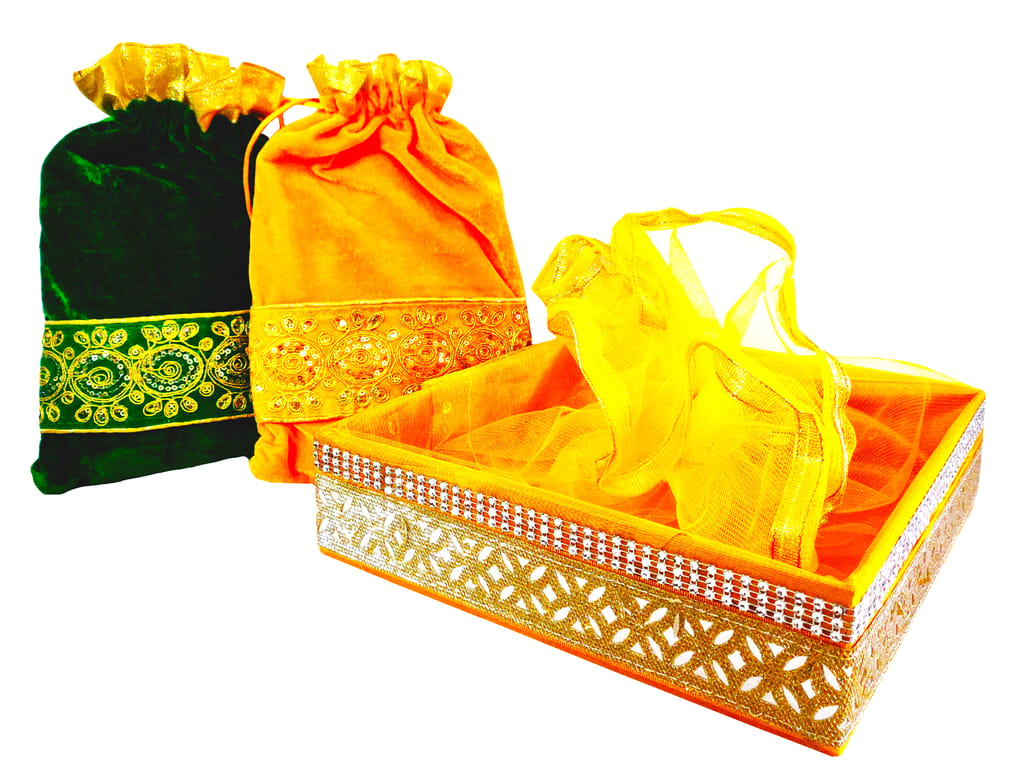 Omkar by R3 Inc. Royal Gift Basket & Shagun Potli Combo pack for Gifts Hampers | Fancy Gifting | Wedding Gifting|Shagun|Return Gift (Pack of 3 / Jumbo) Shagun Potli & Square Basket - Multi Color view 2