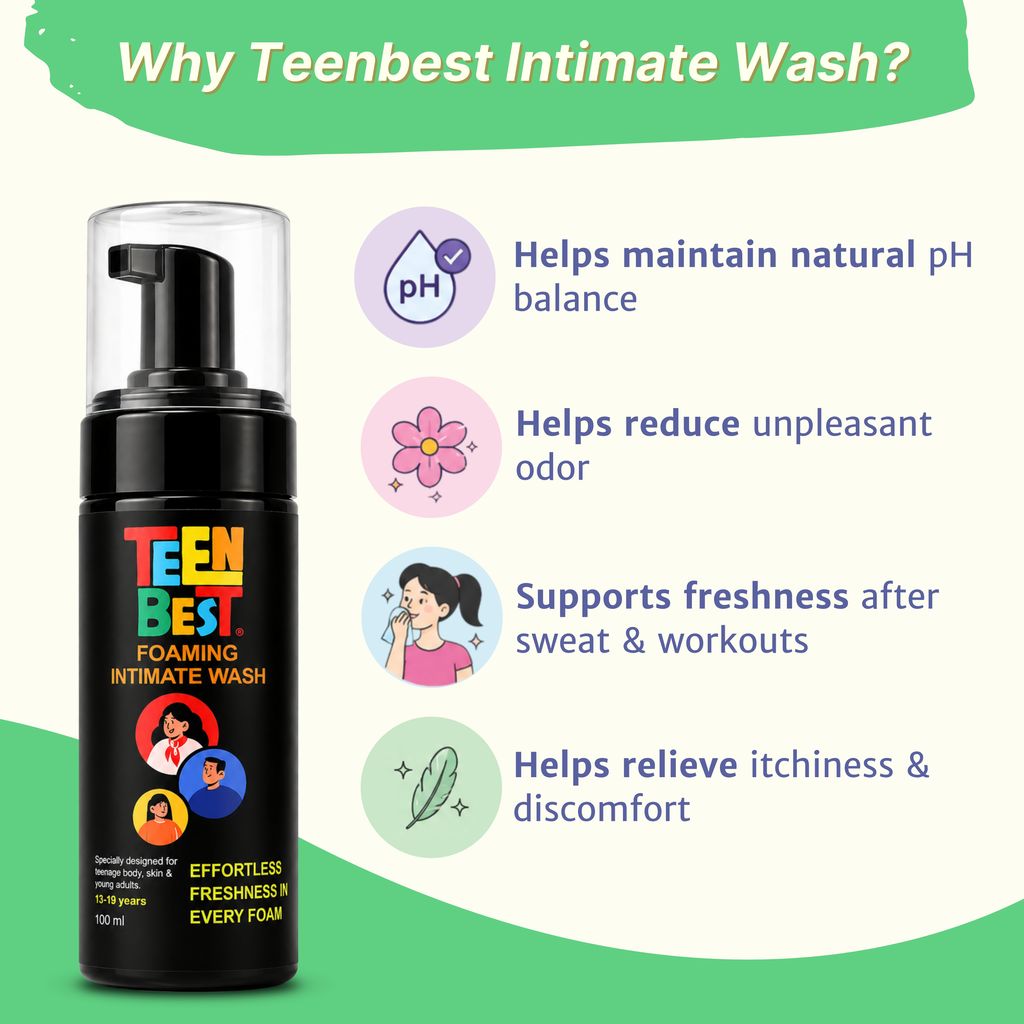 Healthbest Foaming Intimate Wash for Teens & Young Adults pH Balanced Gentle Formula Aloe Vera, Calendula & Jojoba, Daily Hygiene & Odor Control, Freshness after Sports, Gym for Boys & Girls – 100ml. view 2