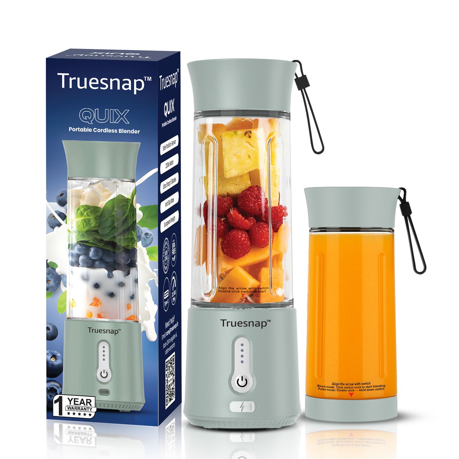 Truesnap Quix Portable Blender 500ml, USB-C Rechargeable, 230W Motor, 6-Blade SUS304, BPA-Free, for Juices & Smoothies - Sage Green