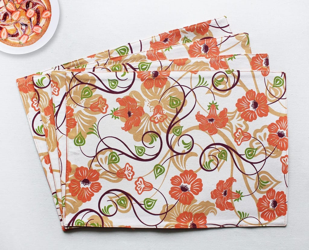 Airwill, Cotton Floral Pattern Dining Table Placemats, 33x48cms (Orange) - Pack of 4 pcs view 2