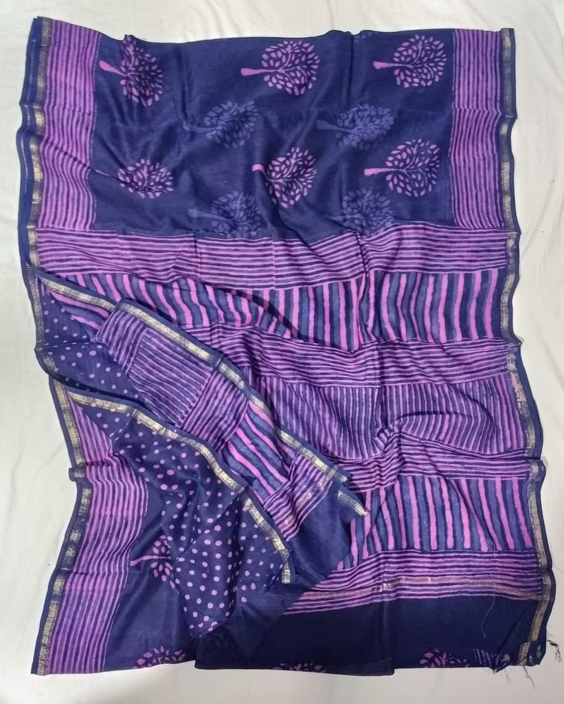 Purple and Blue Stripped Cotton Maheshwari Silk Saree view 2