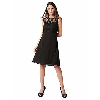 Miss Chase Womens Black Round Neck Sleeveless Solid Paneled Lace and Pearl Detailing Knee Length Skater Dress view 2