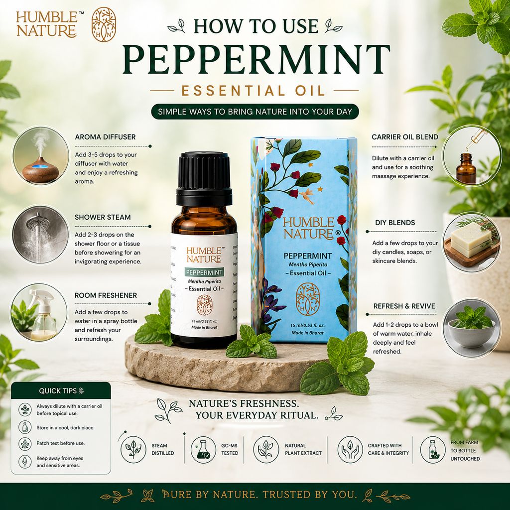Humble Nature Peppermint Essential Oil 15ml | Steam Distilled Mentha Piperita Oil | GC-MS Tested Natural Plant Extract | Premium Aromatherapy Oil for Diffuser, Massage, DIY & Home Fragrance view 2