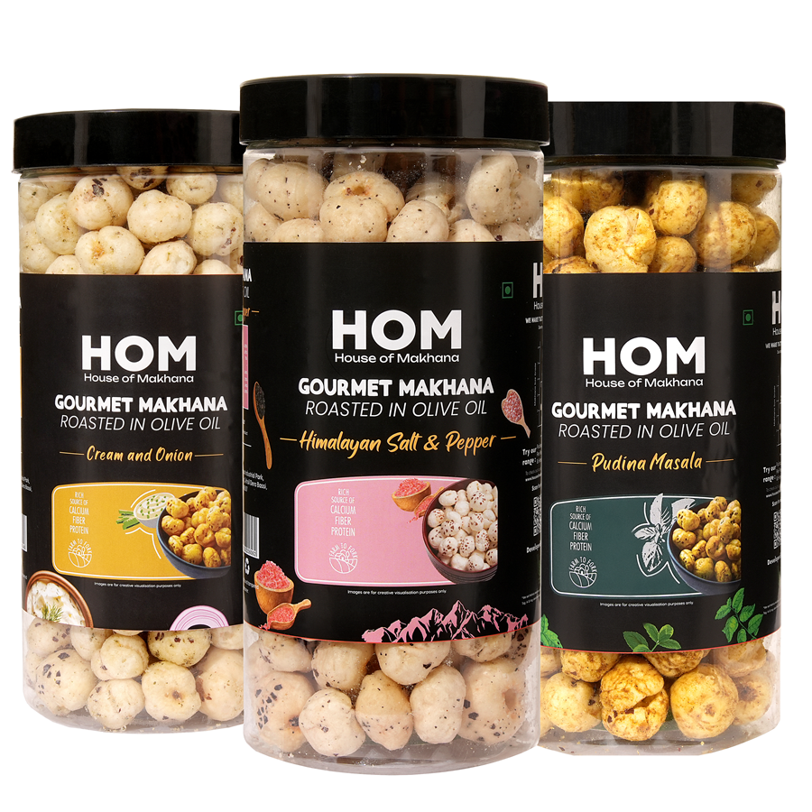 GOURMET MAKHANA Roasted in Olive Oil | Flavors Tangy Tomato, Cream & Onion and Peri Peri | Combo Of 3, 65g Each. - 195 gm