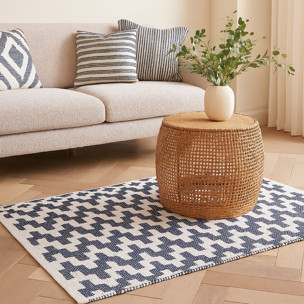 Modern Blue White Zigzag Kitchen Mat | Durable Washable Area Rug view 2