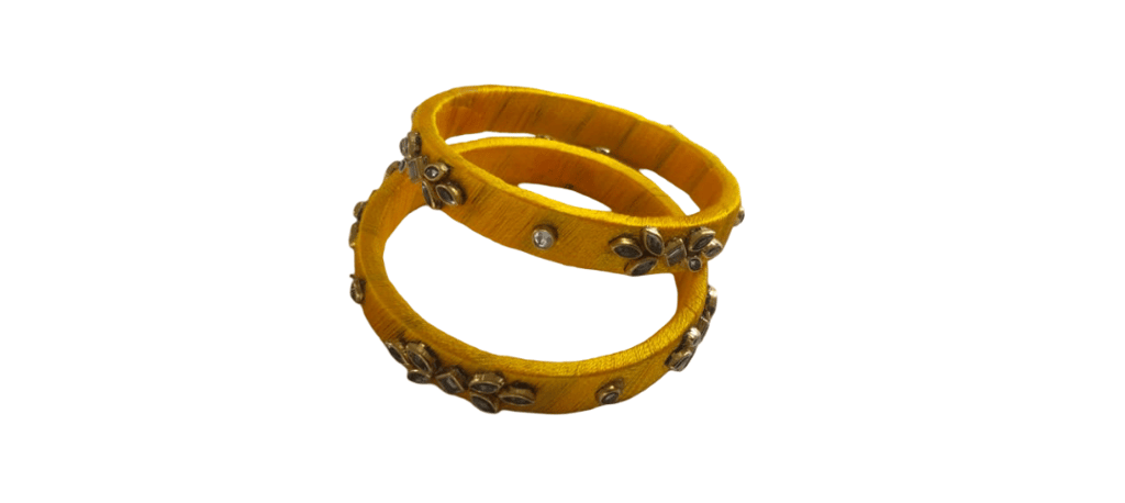 Elegant Yellow Silk Thread Bangle Set with Stone Embellishments view 2