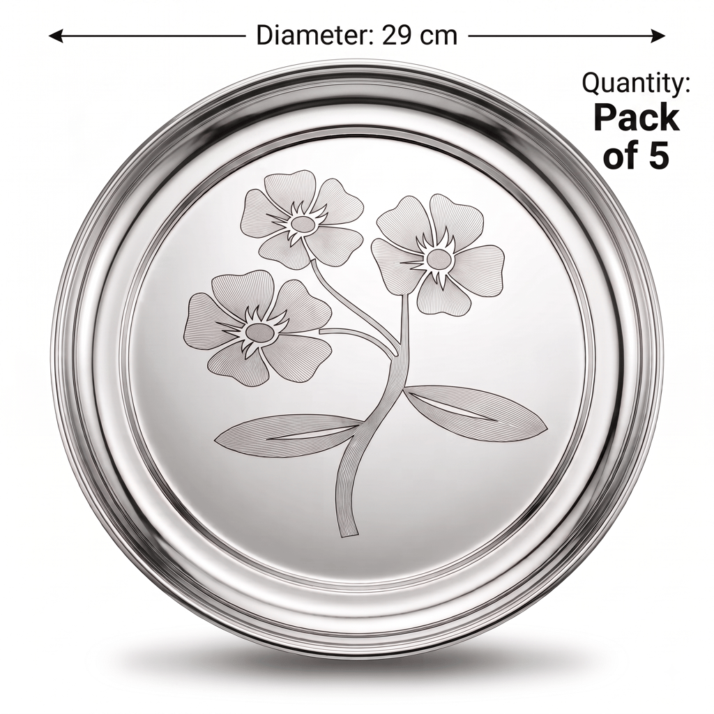 WEKTU Stainless Steel Rajbhog Gol Dinner Plate with Laser Floral Print (29 cm Diameter) – Premium Heavy Gauge Mirror Finish Round Thali for Lunch & Dinner | Food Grade, Durable & Rust Proof view 2