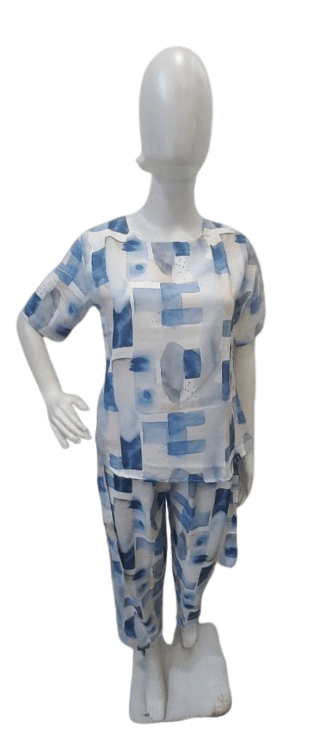 Women’s Printed Night Suit Set – Soft Cotton Half Sleeve Top & Pajama (Blue & White Abstract Design)