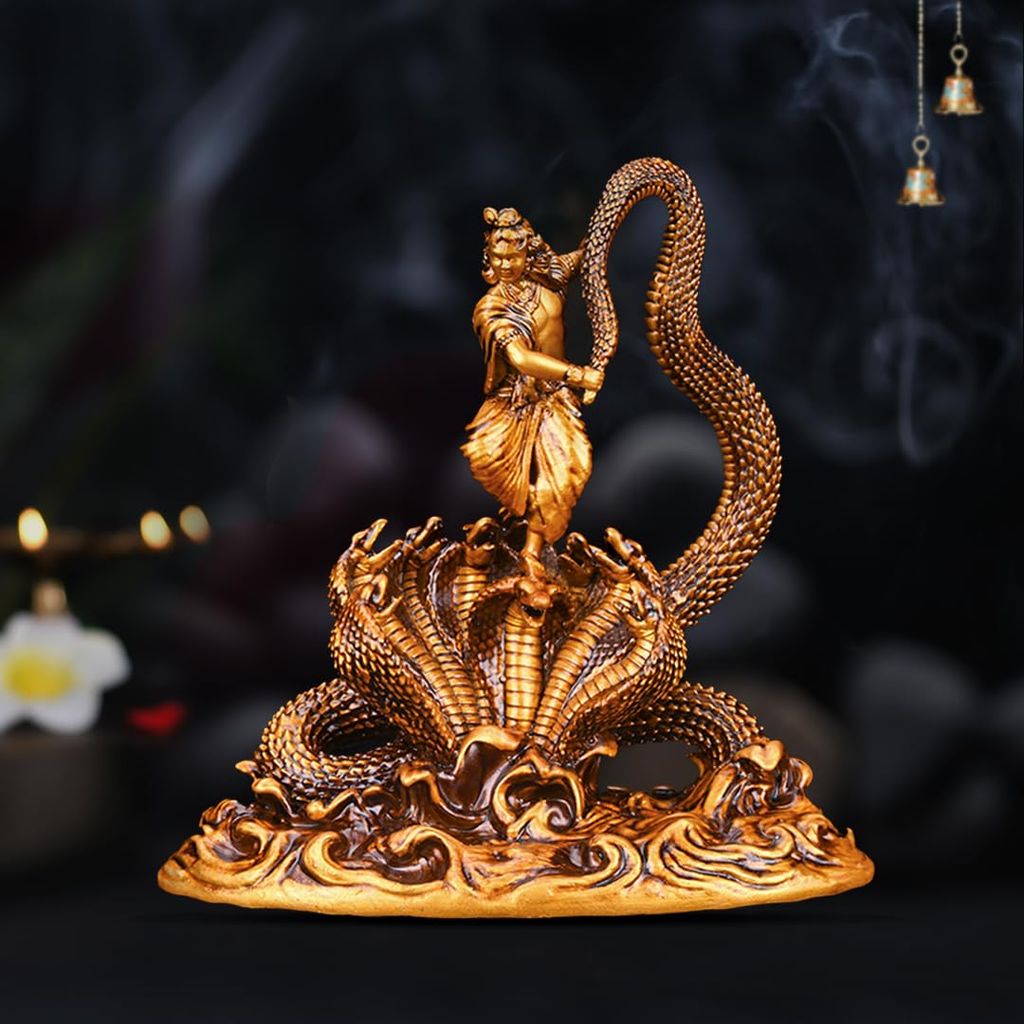 Artarium Dancing Krishna with Kaliya Naag Statue Standing Krishna Idol Antique Decorative Showpiece Thakur Ji Home Decor Pooja Room Gifting Item (Krishna with Kaliya Naag 9 Inch) view 2