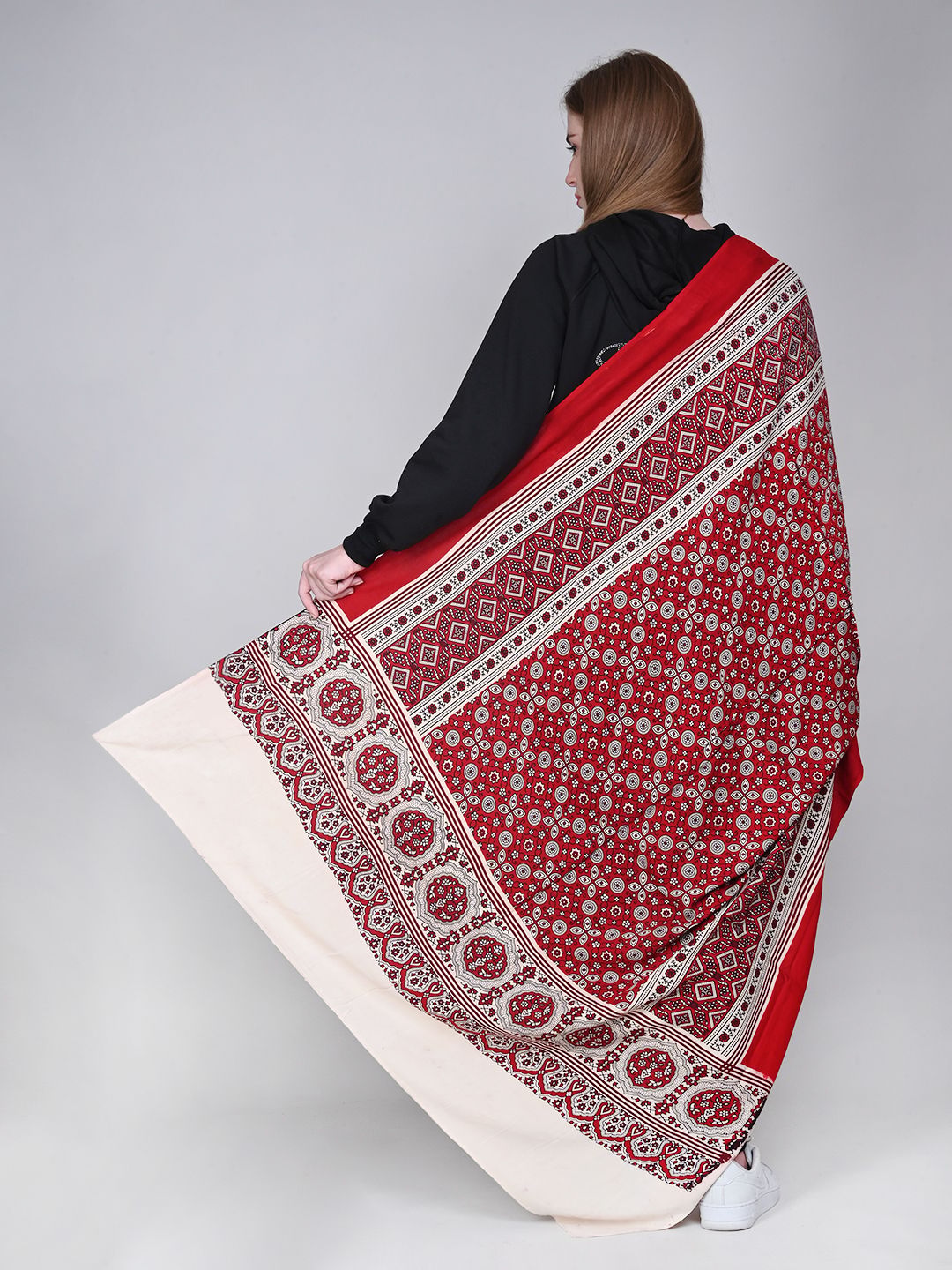 Amrozia Women's Ajrakh Block Print Rayon Dupatta (Red) view 2