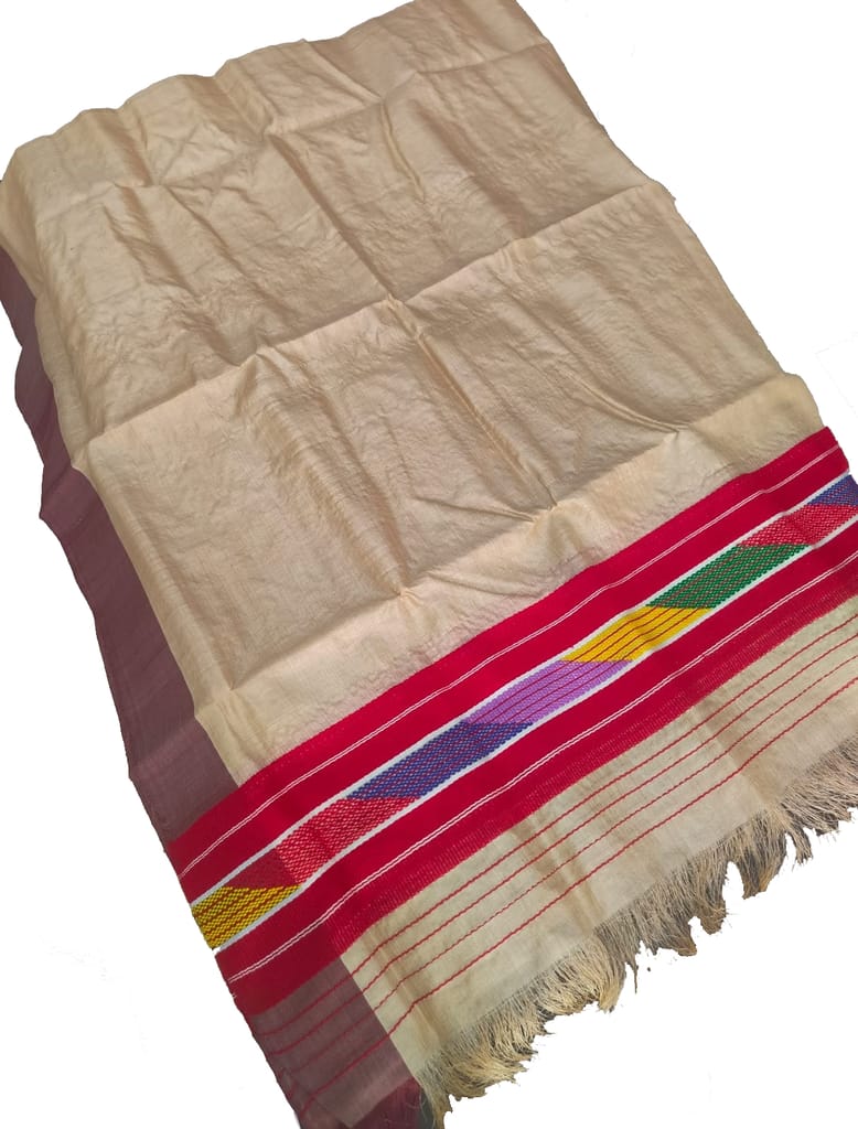 Assamese Traditional Cotton Sador Mekhela Set – Natural Beige with Multicolour Woven Border view 2