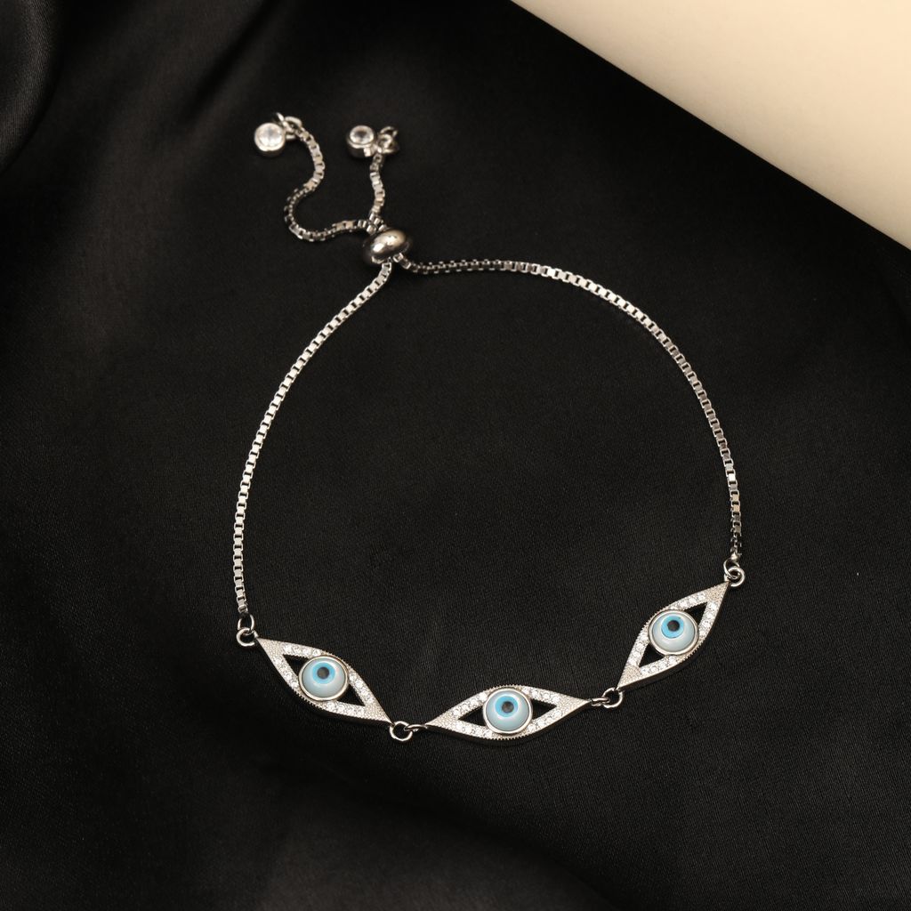 925 Sterling Silver Evil Eye Adjustable Bracelet with Blue CZ Stones for Women & Girls | Protection Charm Bracelet I Weight - 5.69 g view 2