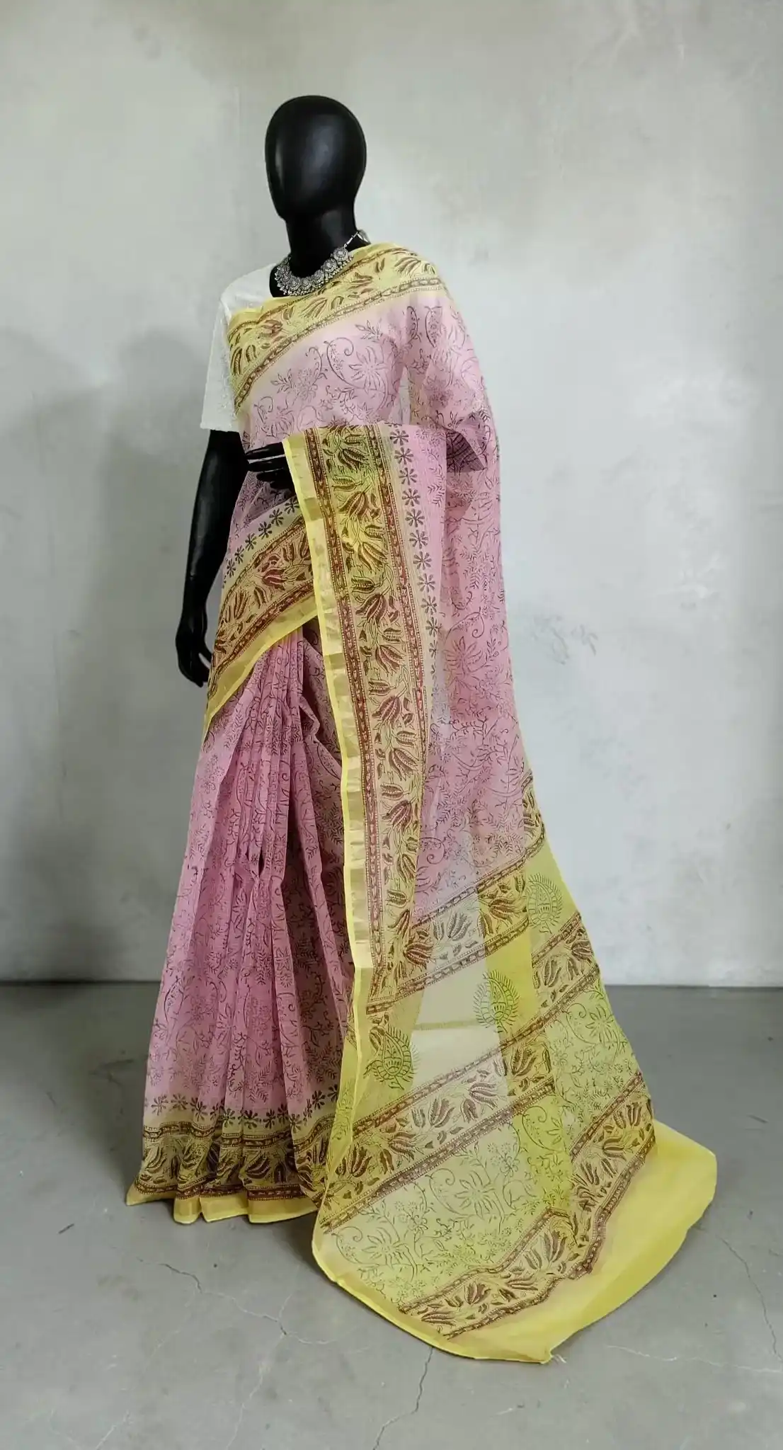 Handwoven Kota Doria Saree in Pink and Yellow with Block Print view 2