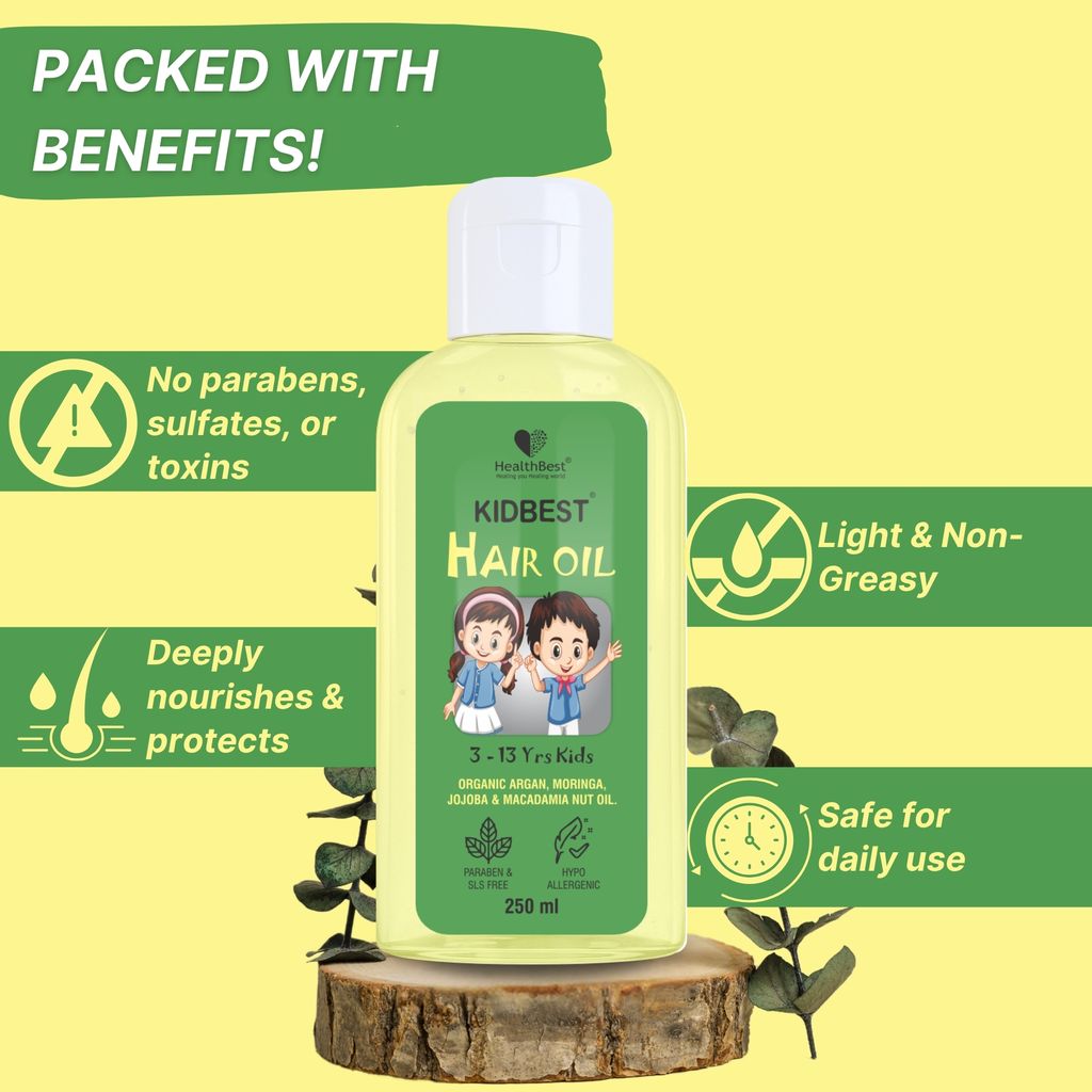 HealthBest Hair Oil for Kids | Organic Argan, Moringa, Jojoba & Macadamia Nut Oil | Hair Growth | Damaged Hair | Tear, Paraben, SLS free - 250ml view 2