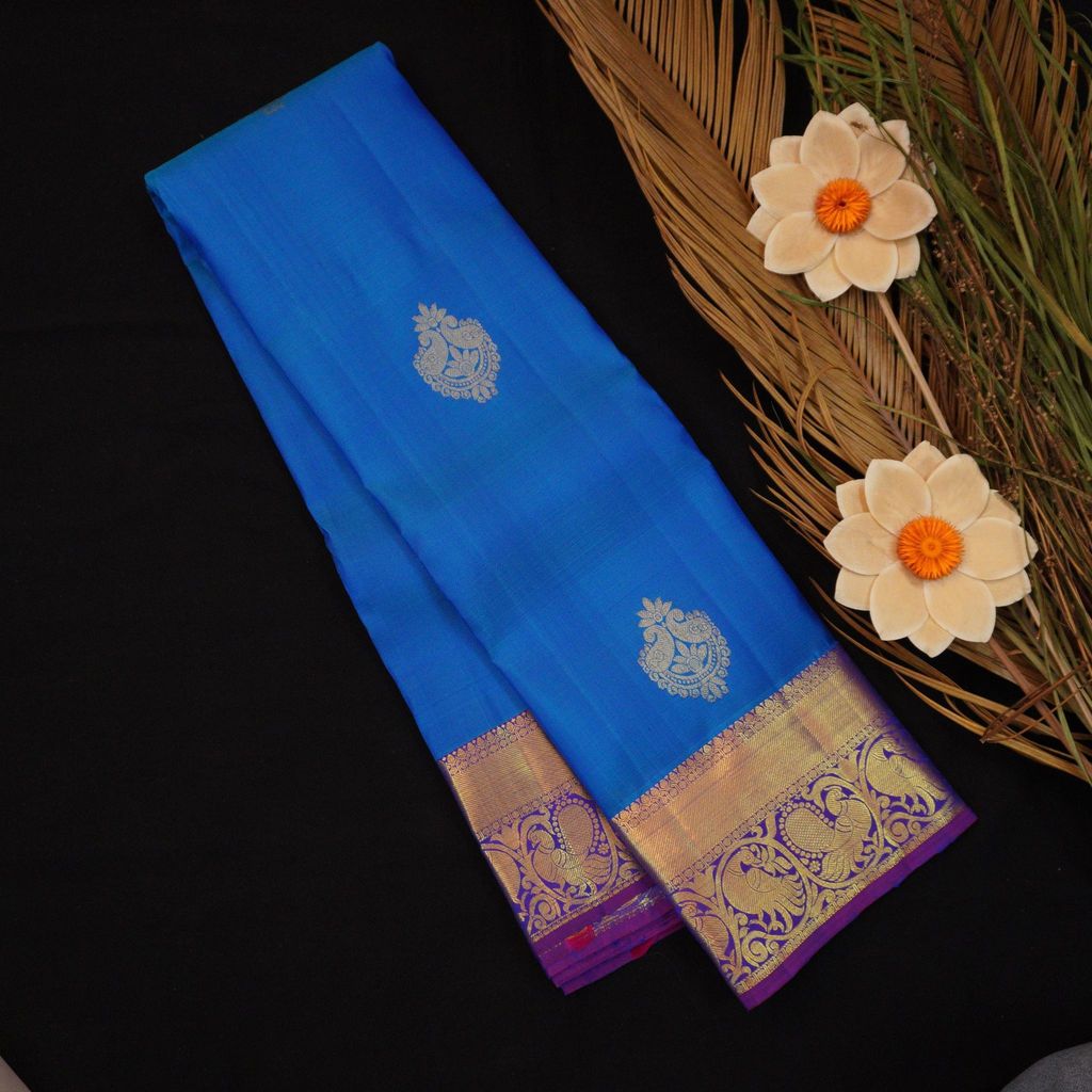 Azure Blue Kanchipuram Silk Saree | Violet Border & Pallu view 2