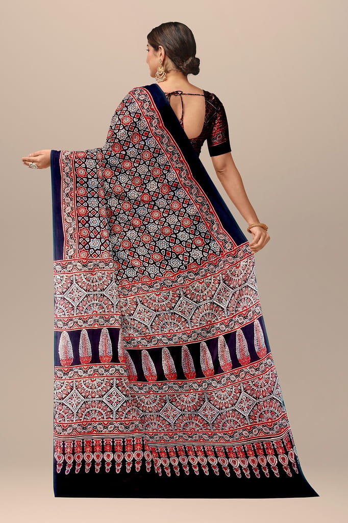 Black Ajrakh Hand Block Printed Modal Silk Saree with Floral and Geometrical Print SKU-BS10146 view 2