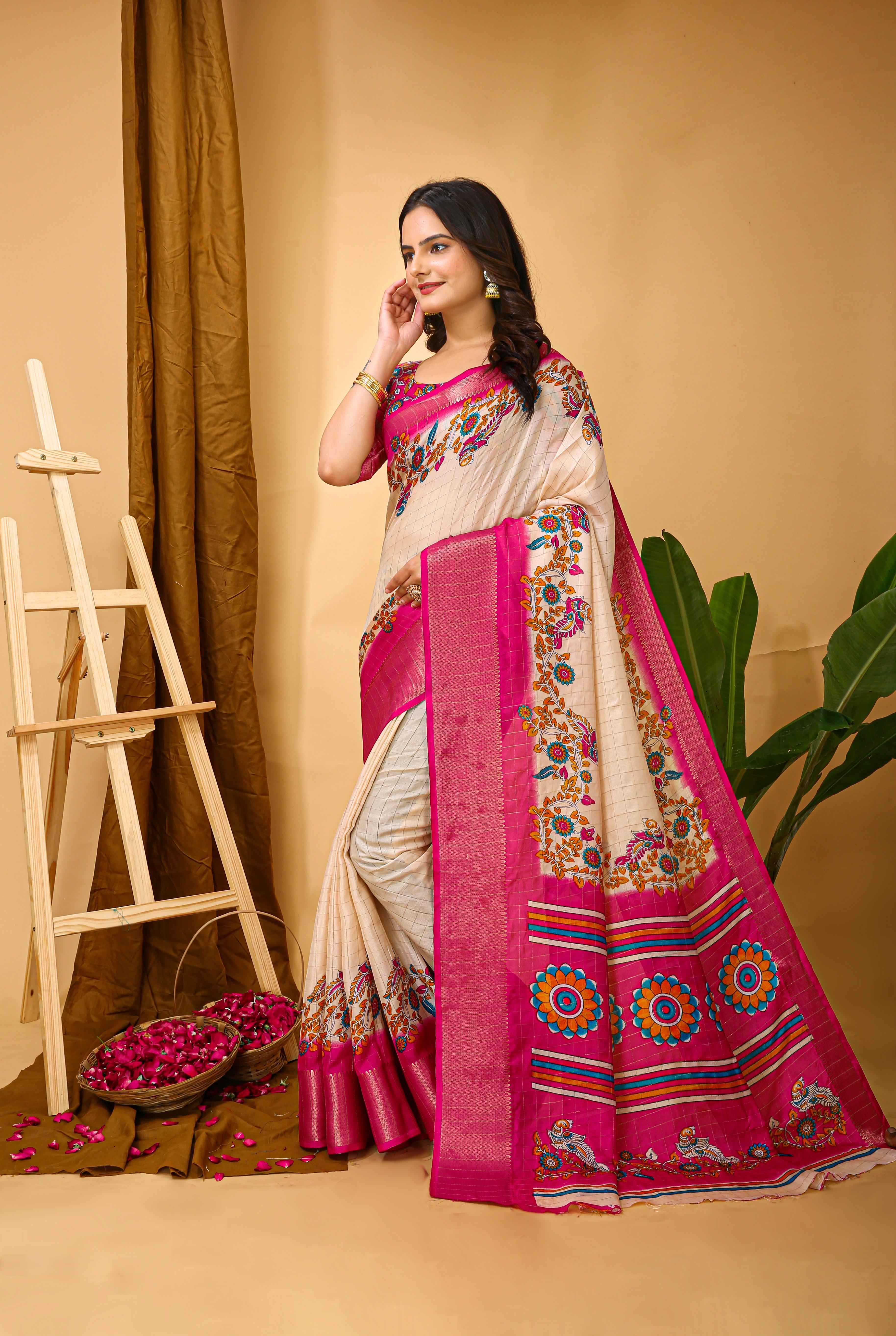 Kalamkari Print Dola Silk Saree view 2