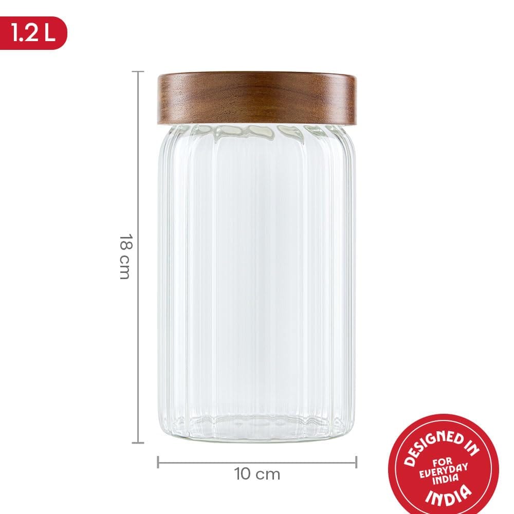 Borosil 1200 ml Linea Glass Jar with Acacia Wood Lid | Borosilicate Glass Storage Jar for Dry Fruits, Spices & Snacks | Airtight Glass Container for Kitchen & Pantry view 2