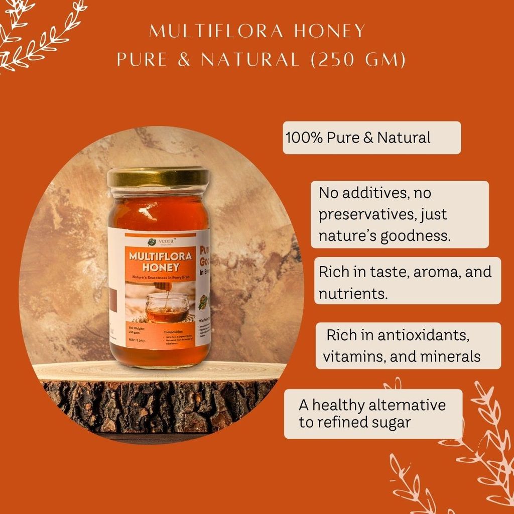 Veora Organics Multiflora Honey | 100% Pure & Natural Raw Honey | Chemical-Free Natural Sweetener | Rich in Antioxidants | Supports Immunity & Digestion | 250g view 2