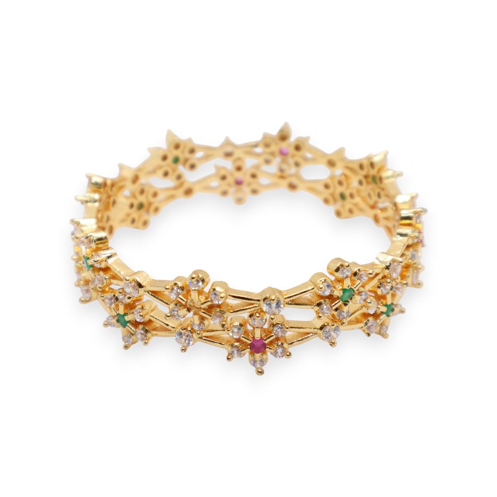 Elegant Floral Gold-Plated Stone-Studded Bangles (Pair) view 2