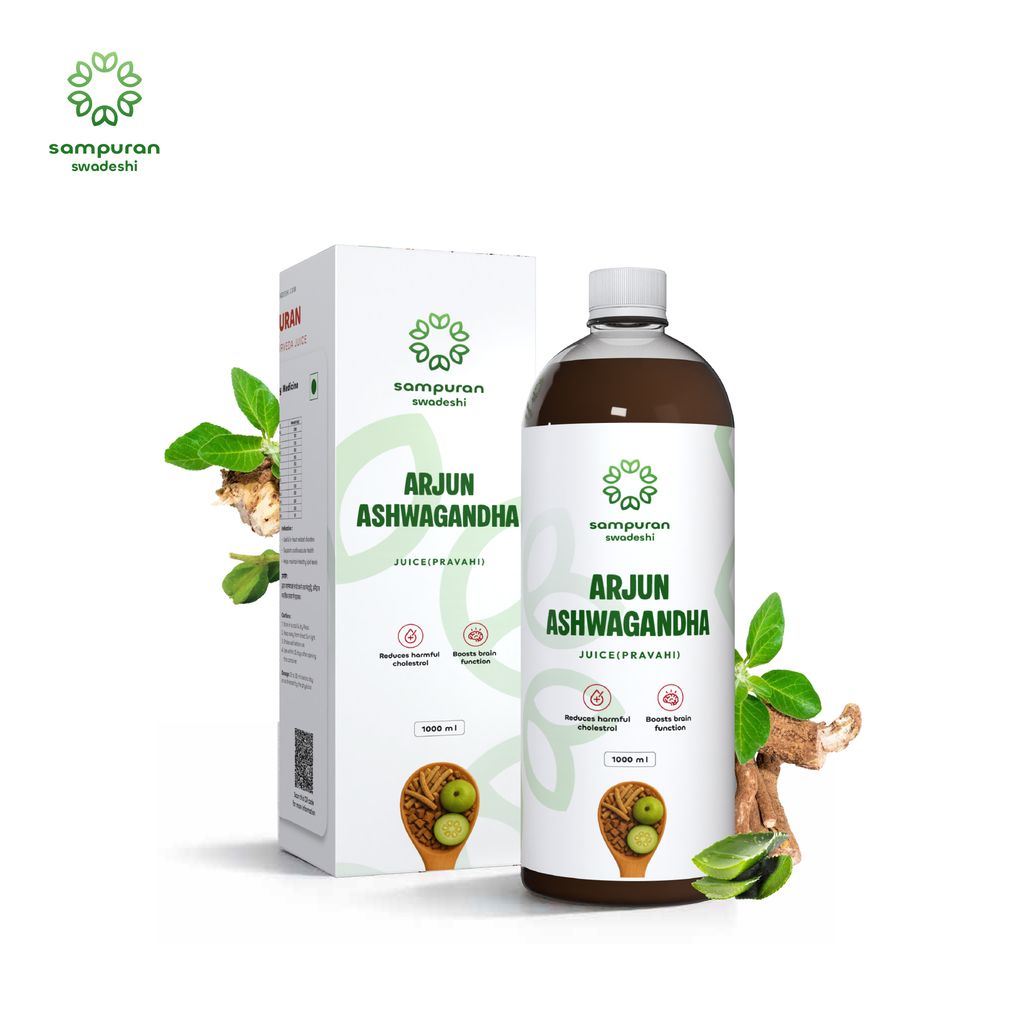 Sampuran Swadeshi Arjun Ashwagandha Juice - 1000 ml Pack of 1, Ayurvedic Remedy for Heart Health & Anxiety, Helps regulate blood pressure, reduce anxiety, and improve overall cardiovascular wellness