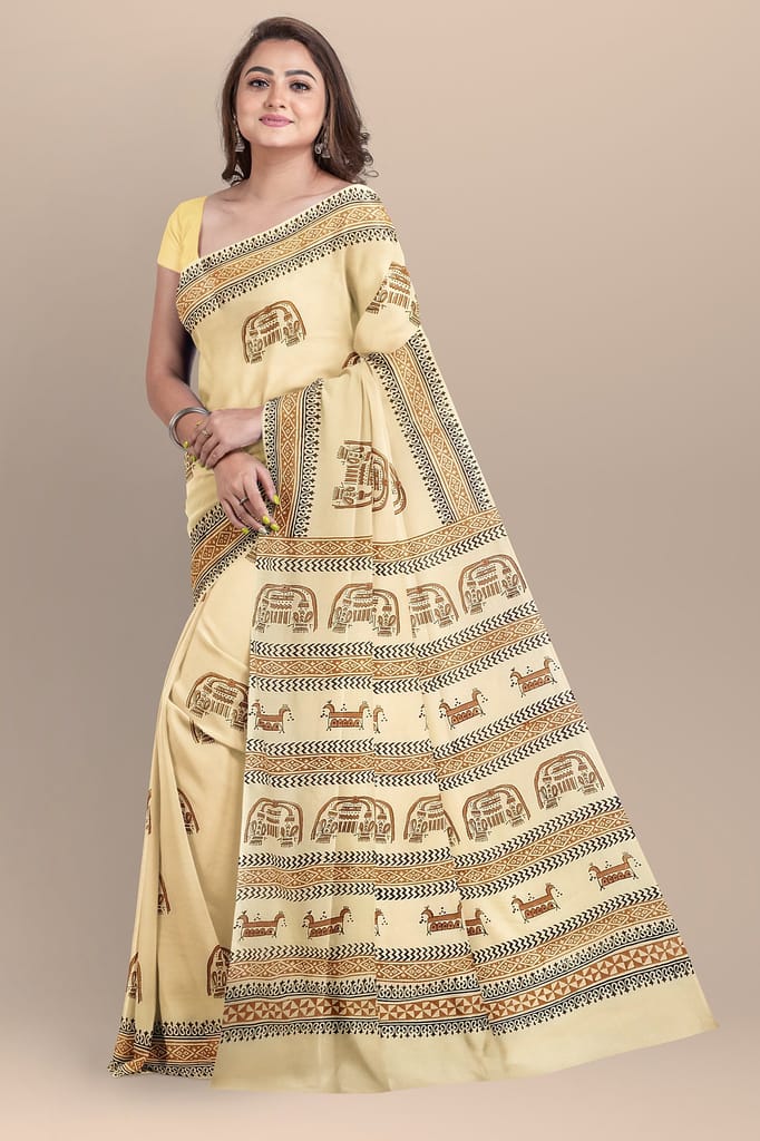 Cream Color Tribal Motif Hand Block Print Malmal Cotton Saree SKU-AS10015 view 2