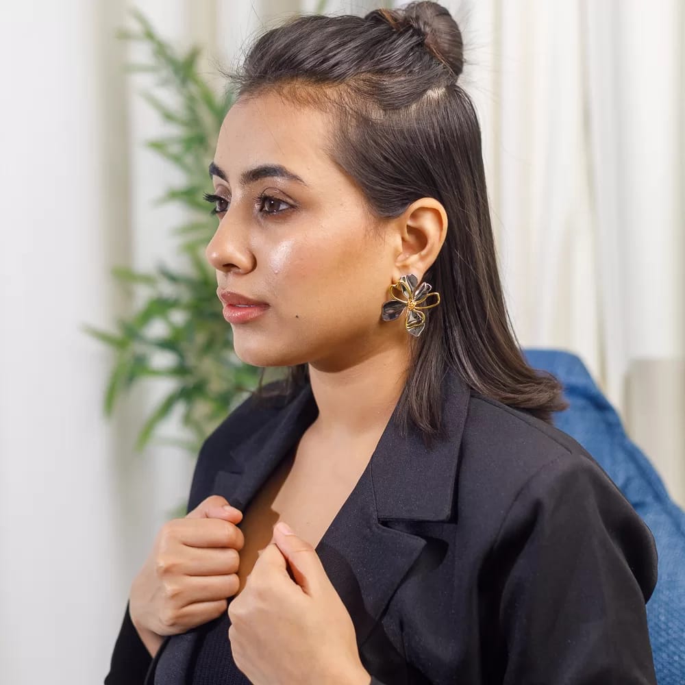 Contemporary Gold and Silver Flower Stud Earrings view 2