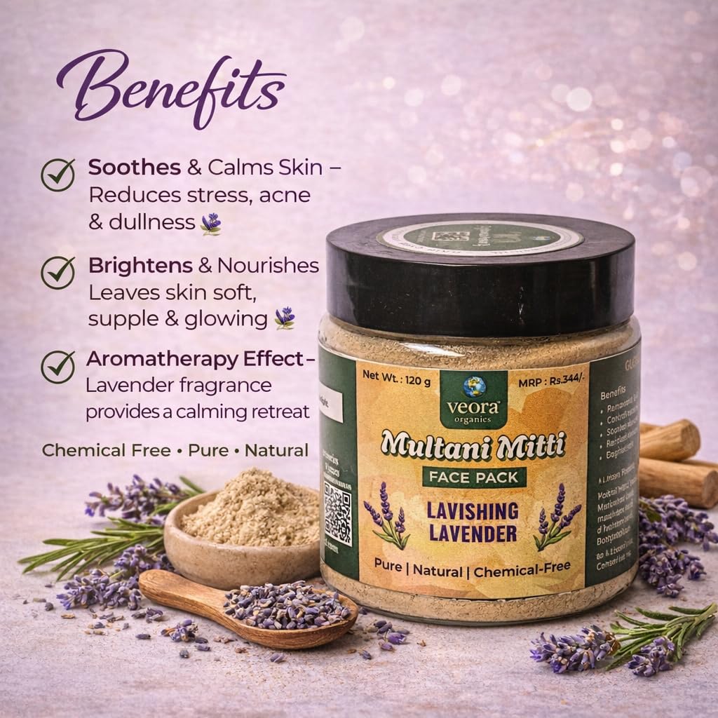 Veora Organics Multani Mitti Face Pack Lavishing Lavender & Aloe Vera Gel Combo | Natural Deep Cleansing Face Mask with Hydrating Aloe Vera Gel | Oil Control, Skin Brightening & Moisturizing | Chemical-Free Skincare | 120g + 200g view 2