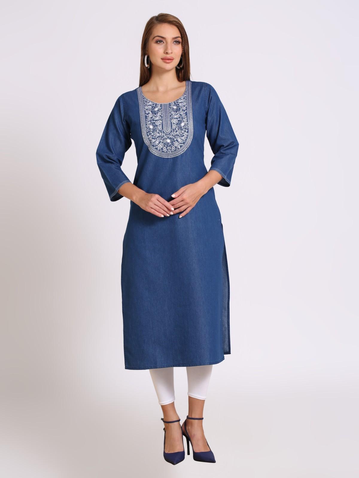 Denim Embroidered Kurta, Blue - L (Style -2459)