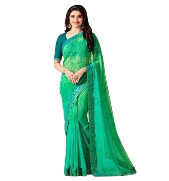 HHK Fashion Women's Printed Georgette 5.5 Meter Saree with Unstitched Banglori Silk Blouse Piece [Light Green]