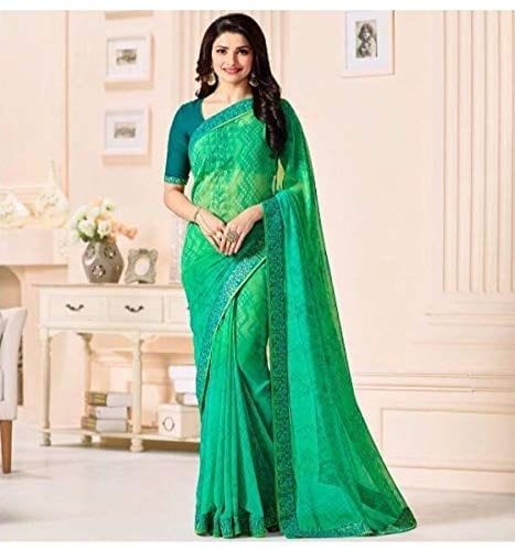 HHK Fashion Women's Printed Georgette 5.5 Meter Saree with Unstitched Banglori Silk Blouse Piece [Light Green] view 2