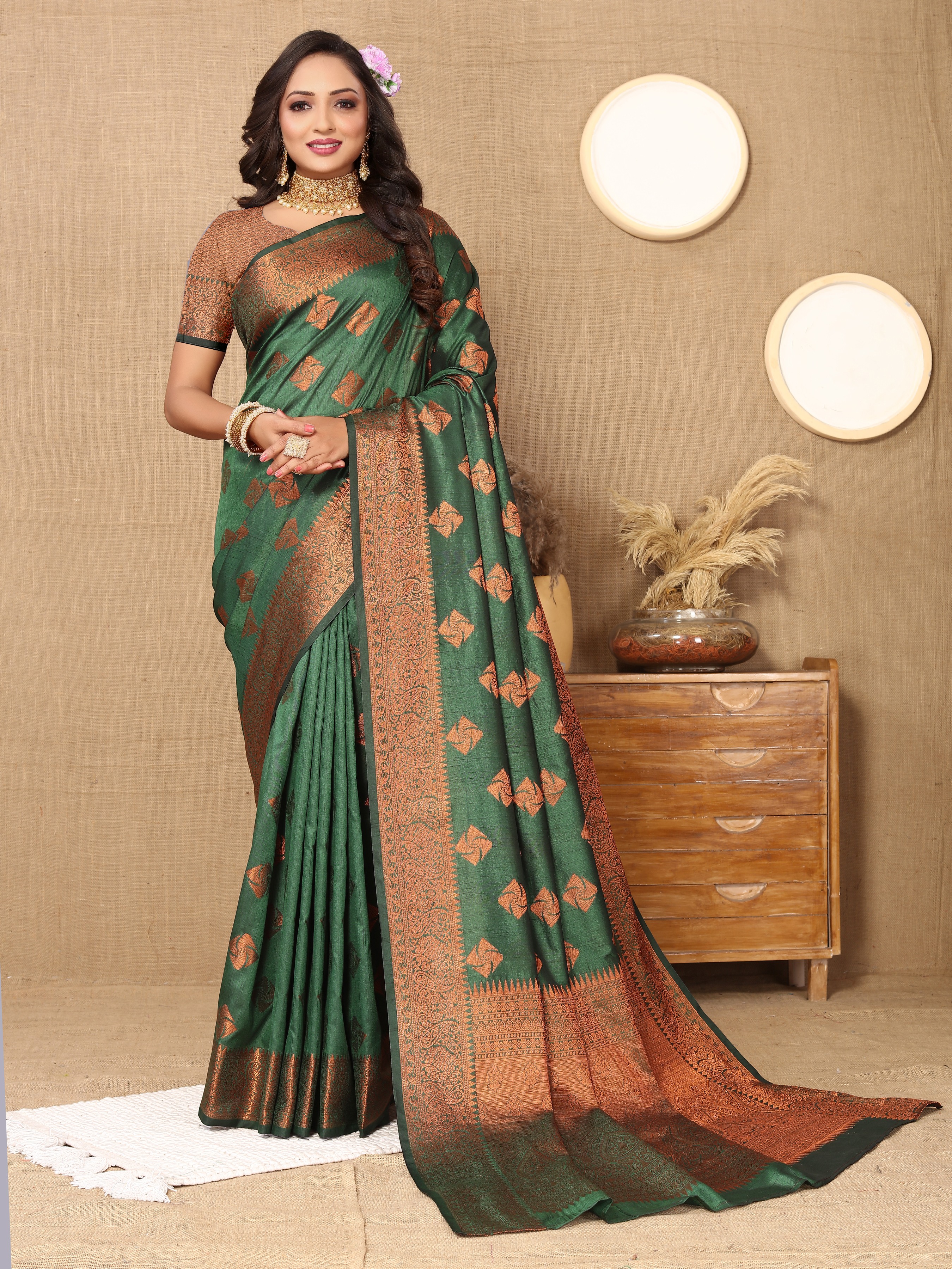 Soft katan silk saree with copper zari weawing... view 2