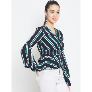 Purys Women Black Striped Regular Fit Casual Top with Short Sleeves view 2