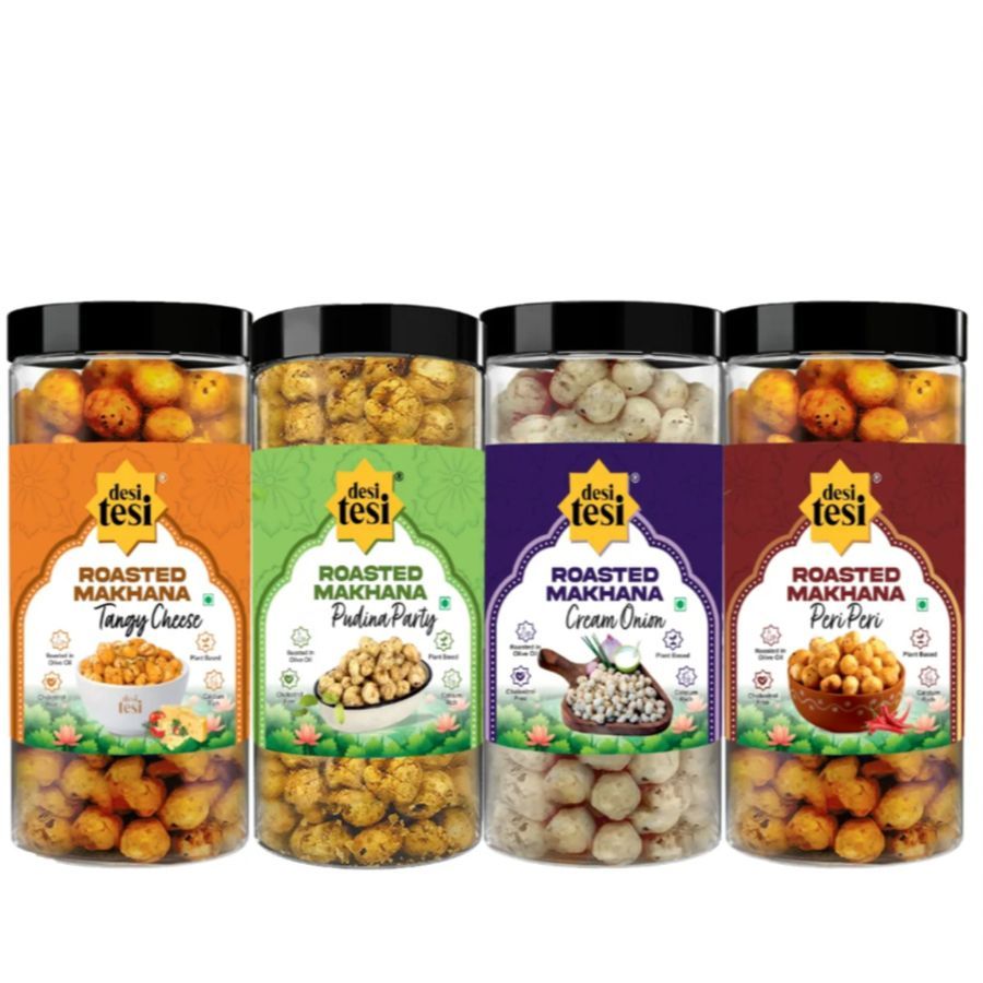 Roasted Makhana Variety Pack (Pack of 4) | Peri Peri, Cream & Onion, Pudina Party & Tangy Cheese | Healthy & Guilt-Free Snack - 280 gm - Four jars of roasted makhana