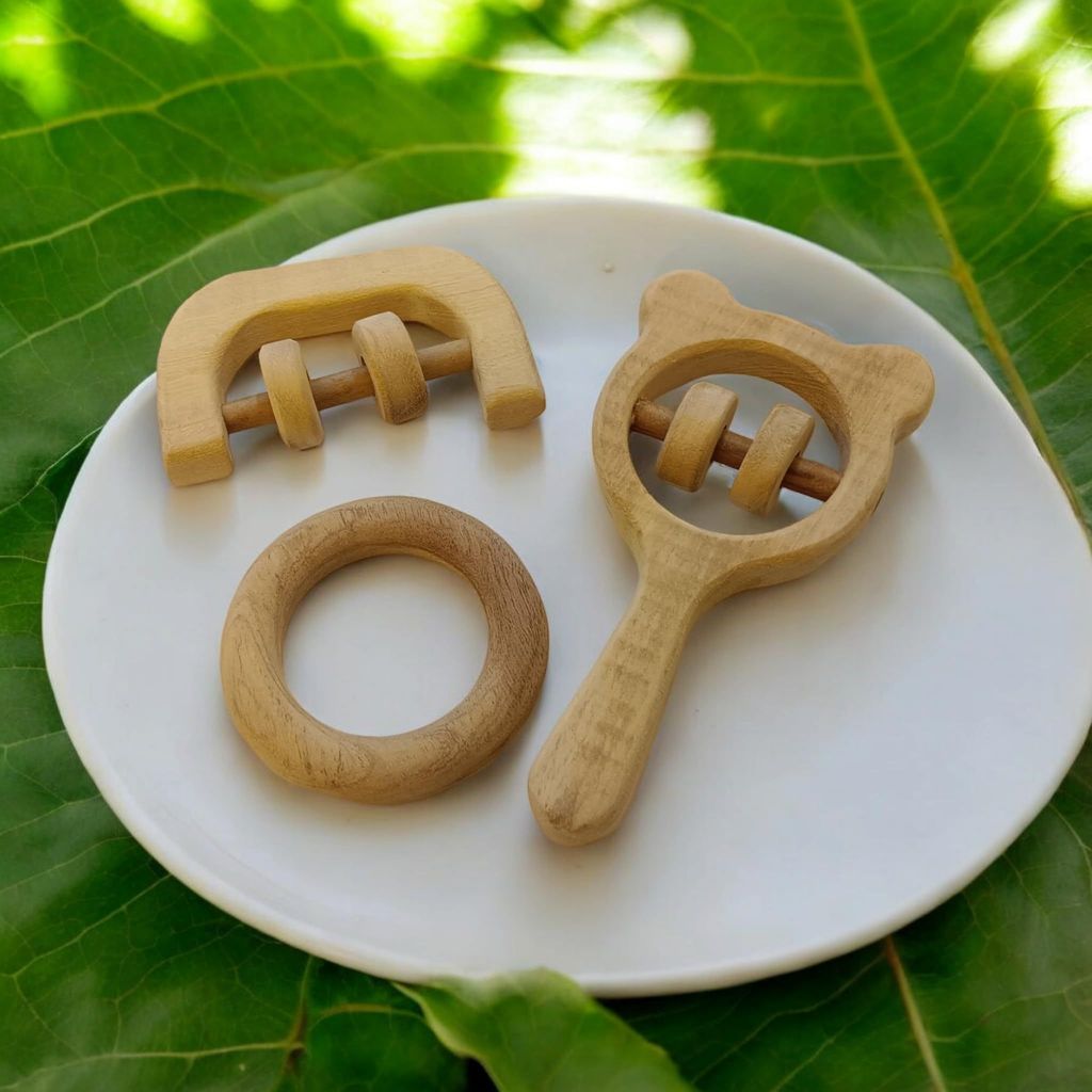 Neemtoys Neem Wooden Most Loved Neem Rattles and Teether Mickey Head, C Shape and Ring Shape Teether, Teething Toy for Babies with Multiple Textured Surface (Brown) view 2