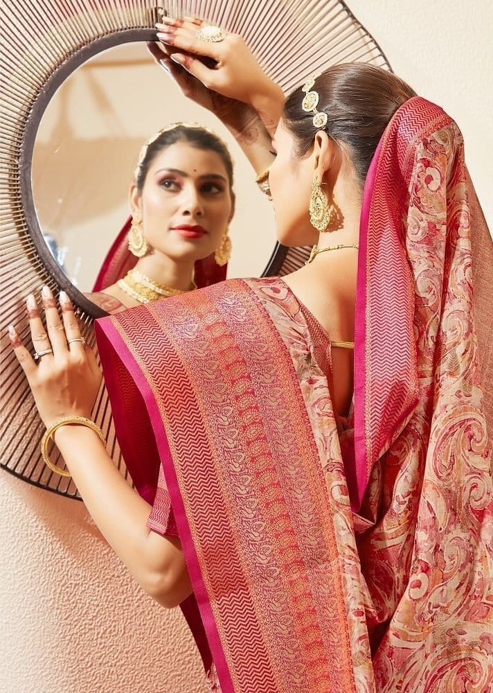 Digital Printed Art Silk Saree in Peach view 2