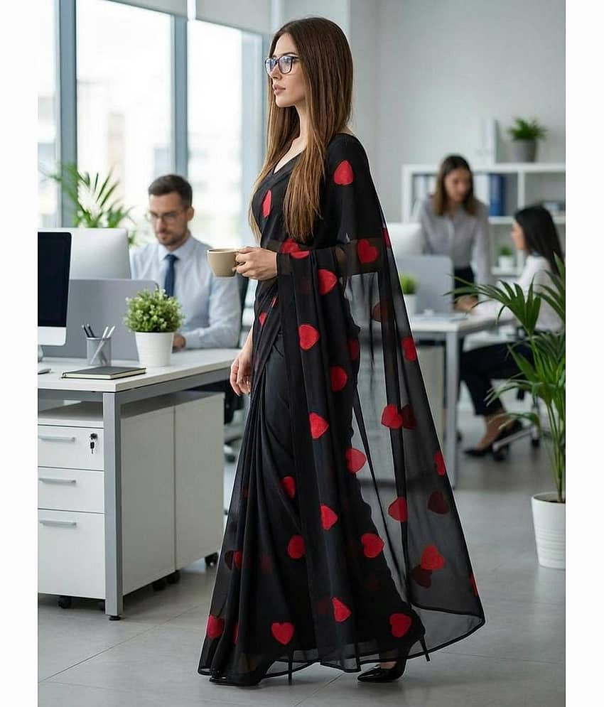 ANAND SAREES Georgette Printed Kasavu Saree With Unstitched Blouse Piece ( BLACK ) view 2