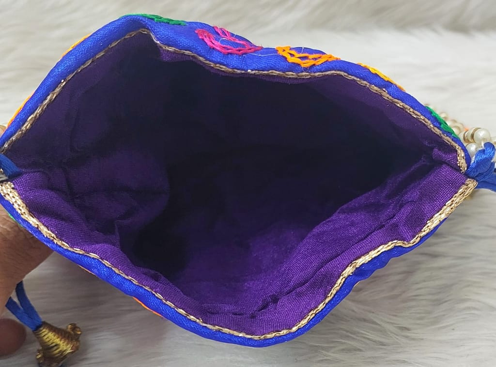 Purple Hand Embroidered Potli Bag with Pearl Handle and Colorful Sequin Work view 2