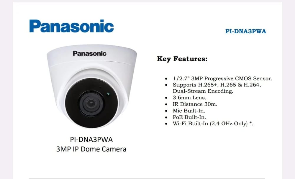 Panasonic PI-DNA3PWA 3MP High Resolution Dome IP CCTV Camera | Built-in Audio view 2