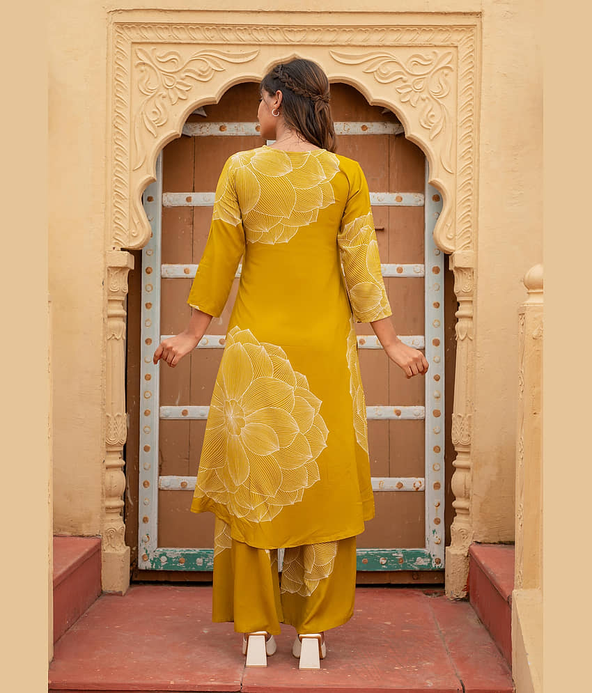 Juniper Women Viscose Printed Straight Kurti With Pants ( Mustard ) view 2